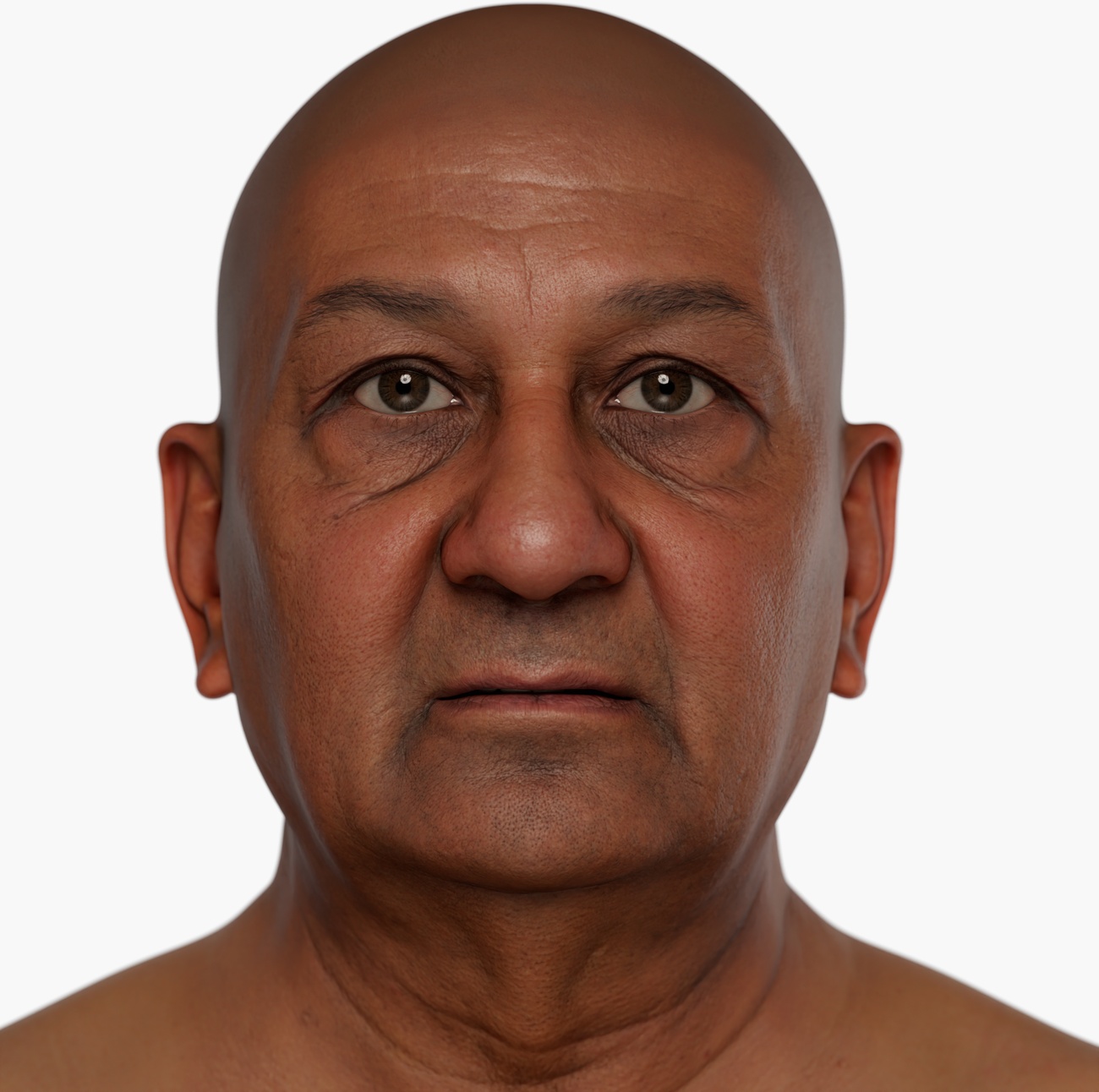 High-resolution head scan render of a mature male with aged skin detail and strong facial features